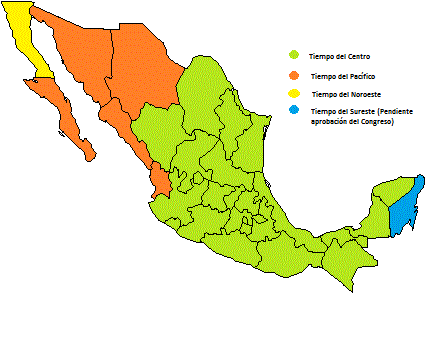 Mapa de México con husos horarios