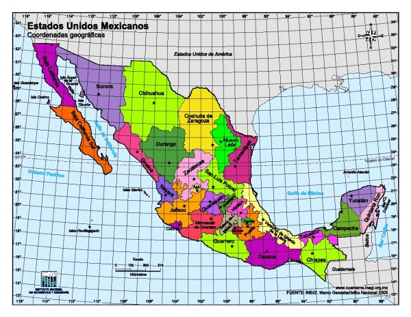 Mapa de México con coordenadas geográficas